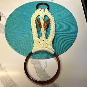 70's Vintage Off White Macrame Towel Holder Ring & Butterfly Retro Bath